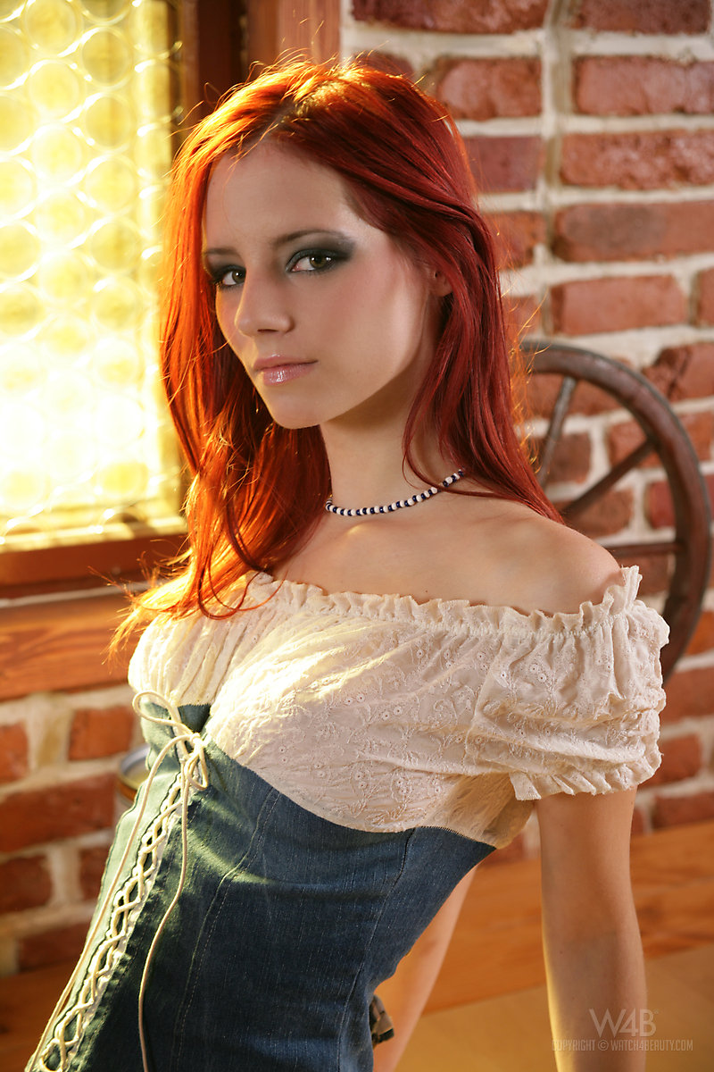 Beautiful redhead model Ariel bares her perky tits  