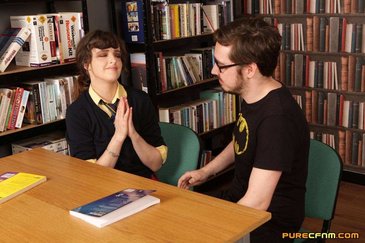 Geeky girl has her boyfriend strip in a library before her & GFs jerk his dick