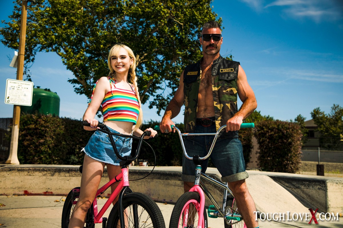 Young blonde Lilly Bell and her older boyfriend bicycle before they fuck