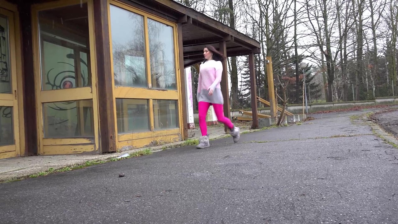 Short taken girl Victoria Daniels pees at a transit stop in pink tights & UGGs