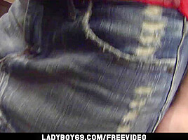 Petite ladyboy in jean skirt strokes her hairy dick until cumshot