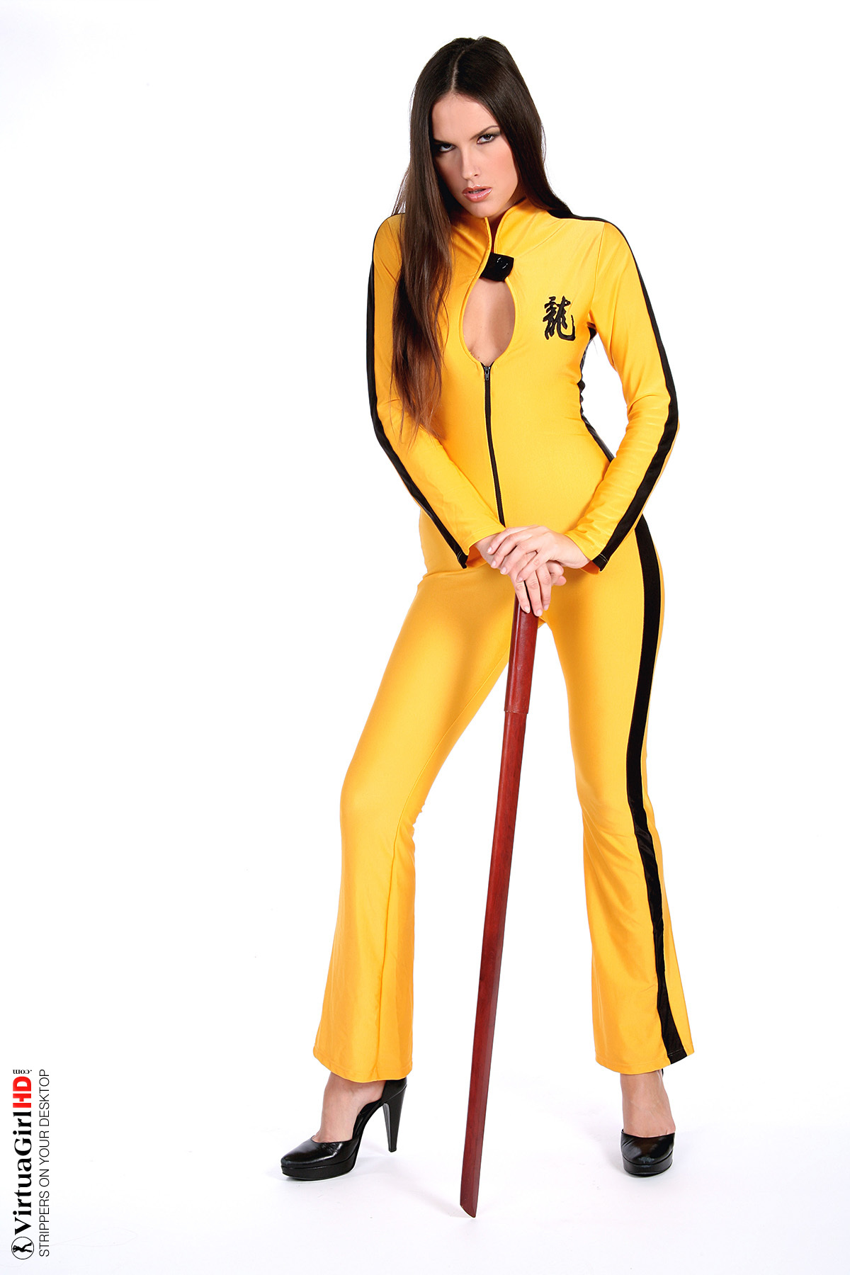 Long Hair Brunette Stripping In A Kill Bill Outfit