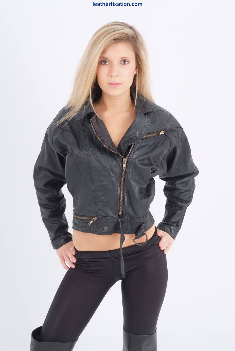 Lovely Blonde Sam Is Wearing A Sexy Leather Bikers Chick Jacket, Tight Black Leggings And